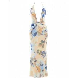 ASOS DESIGN Floral Plunge Neck Halter Maxi Dress Godet Skirt Blue Peach US 4 XS